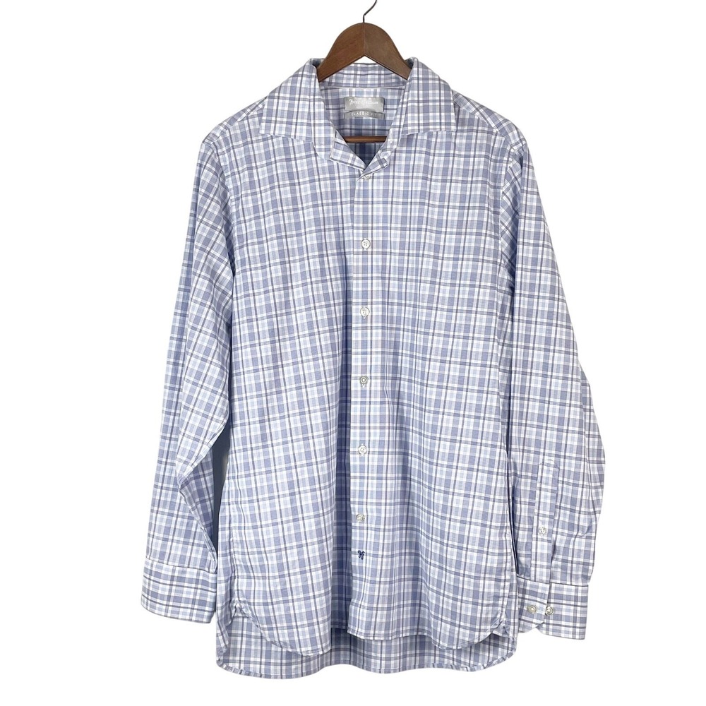 Hickey Freemen Men's Blue White Gingham Plaid Long Sleeve Shirt 15 15 1/2 Cotton